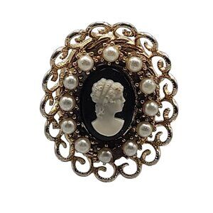 Coro Faux Resin Cameo Brooch Gold Tone Open Work Frame Faux Pearl Black White